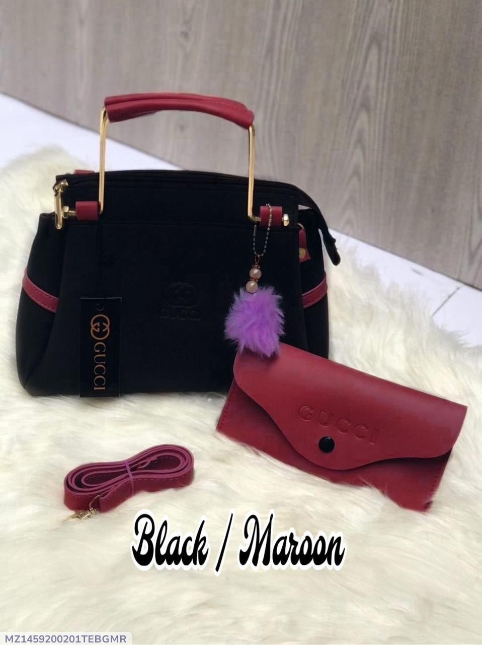 Stylish Rexine Handbag Set Black Maroon with Pouch