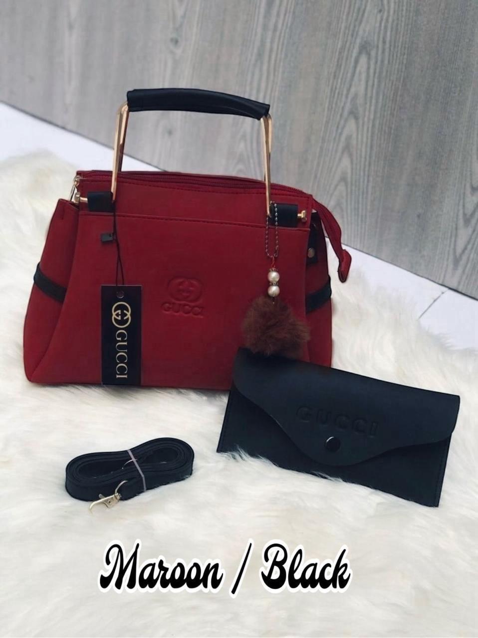 Stylish Rexine Handbag Set Black Maroon with Pouch