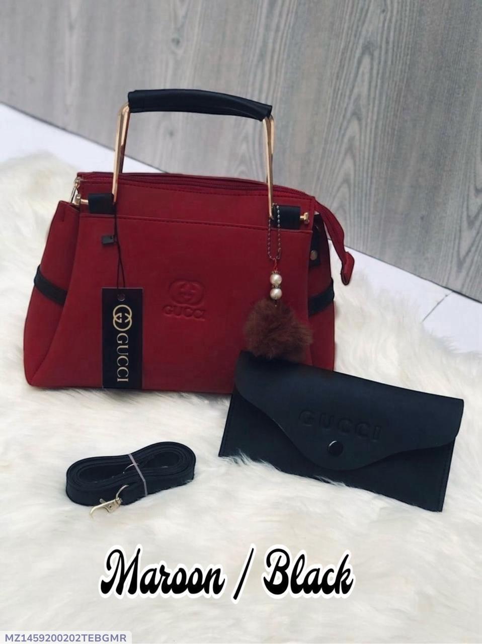 Maroon Black Rexine Handbag Set with Pouch