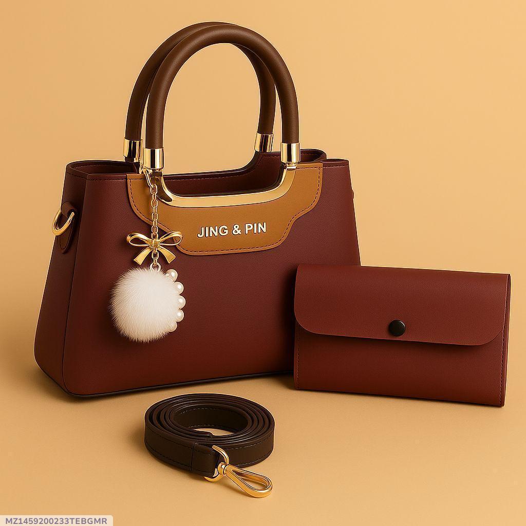 Maroon Handbag & Wallet Set for Girls with Gold Hardware