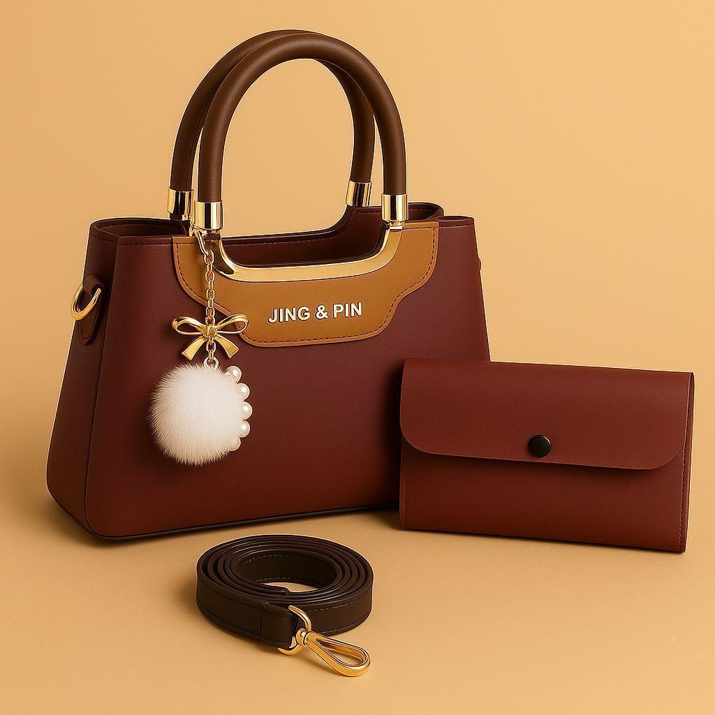 Maroon Handbag & Wallet Set for Girls with Gold Hardware