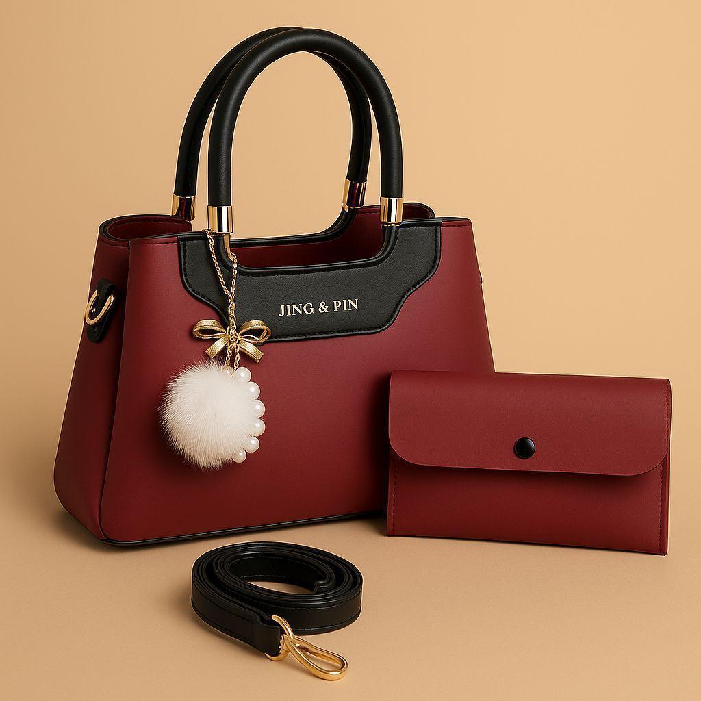 Maroon Handbag & Wallet Set for Girls with Gold Hardware