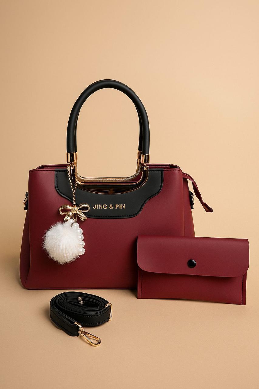 Maroon Handbag & Wallet Set for Girls with Gold Hardware