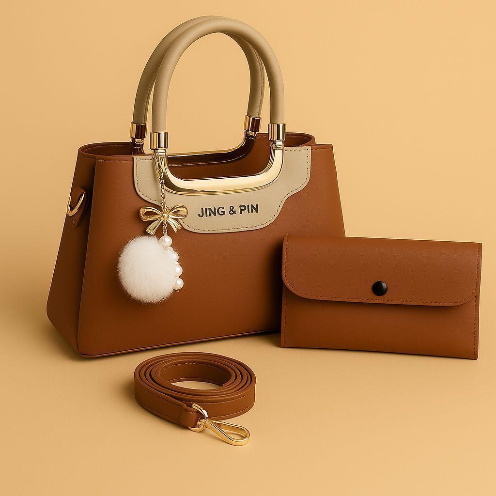 Maroon Handbag & Wallet Set for Girls with Gold Hardware