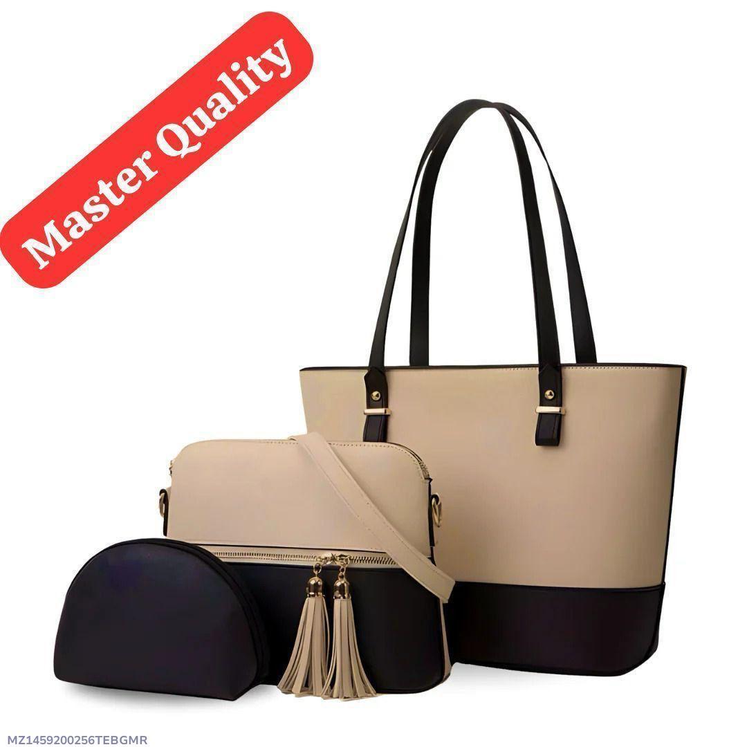 Premium Quality 3-Piece Handbag Set Black Beige Rexine
