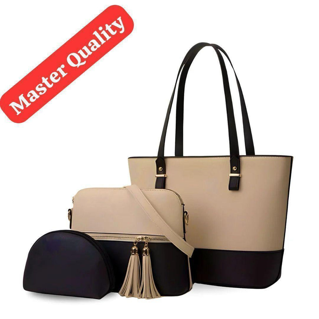 Premium Quality 3-Piece Handbag Set Black Beige Rexine