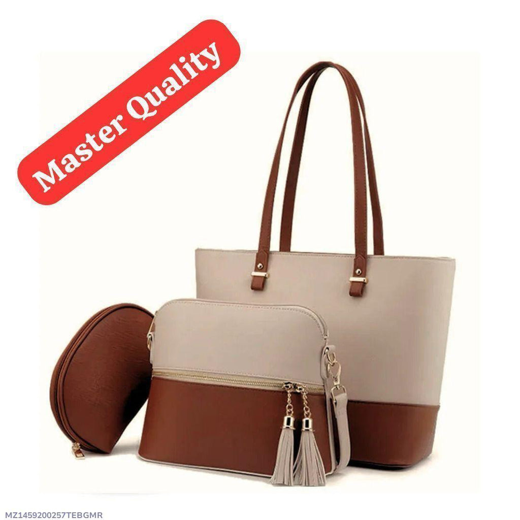 3-Piece Rexine Handbag Set for Girls Brown Beige Tassel