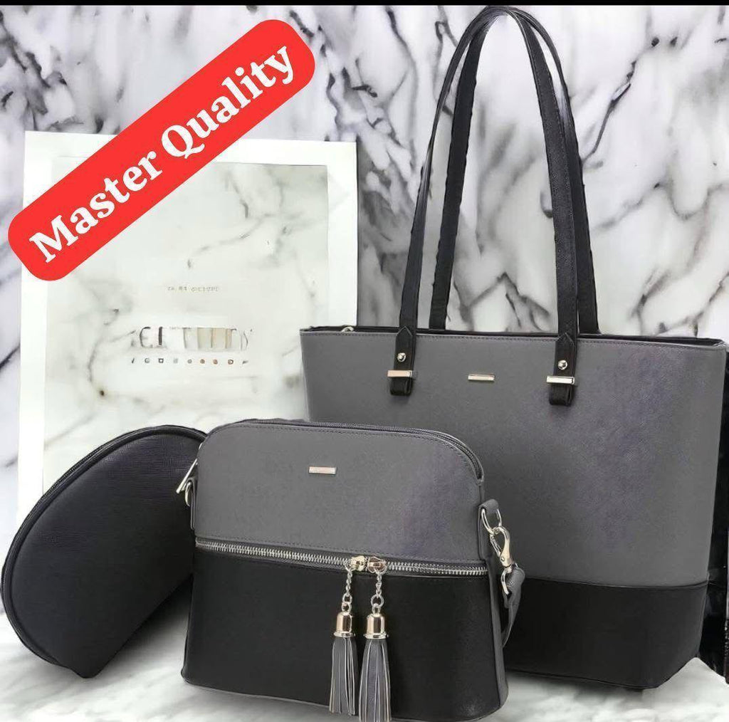 3-Piece Grey Black Rexine Handbag Set for Girls