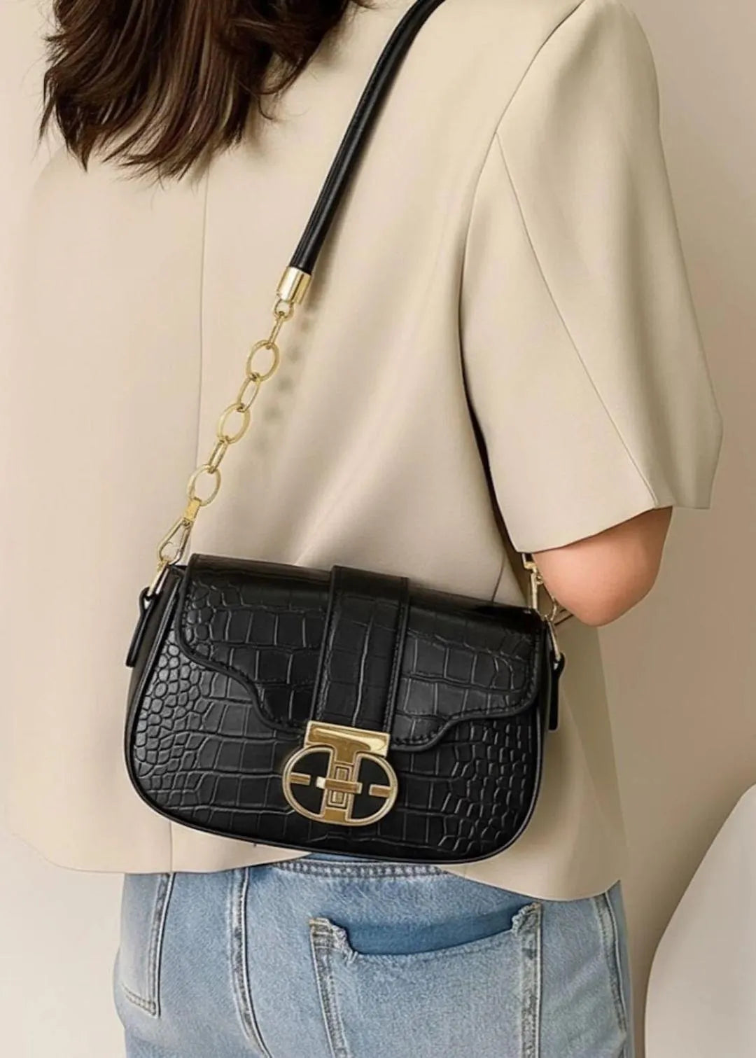 Black Cuff Strap Handbag for Girls with Gold Clasp