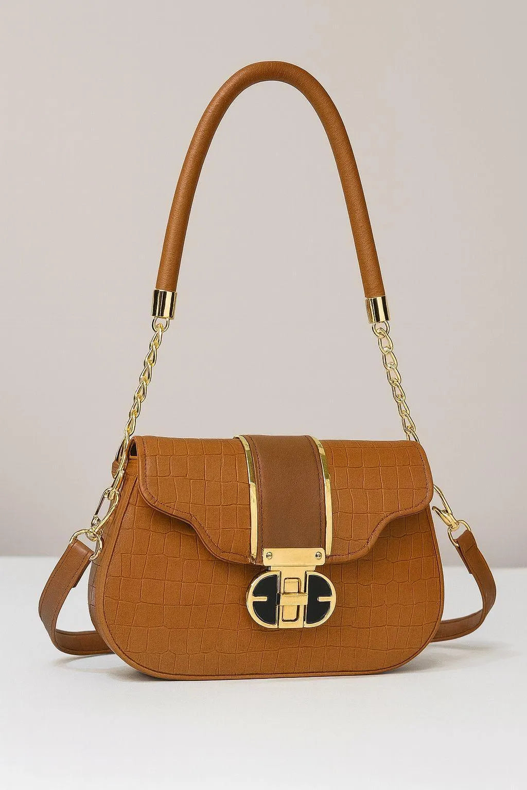 Black Cuff Strap Handbag for Girls with Gold Clasp