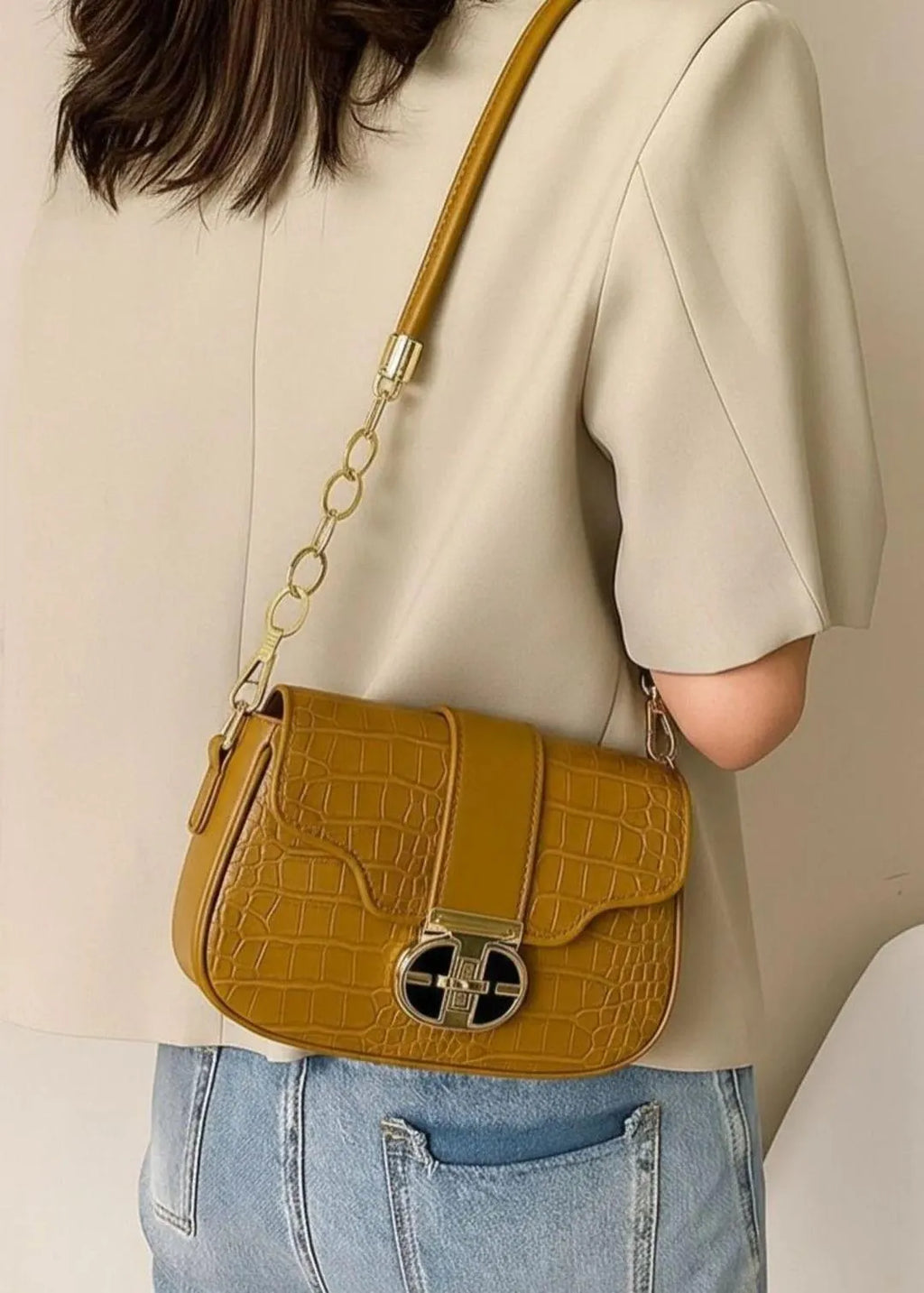 Black Cuff Strap Handbag for Girls with Gold Clasp