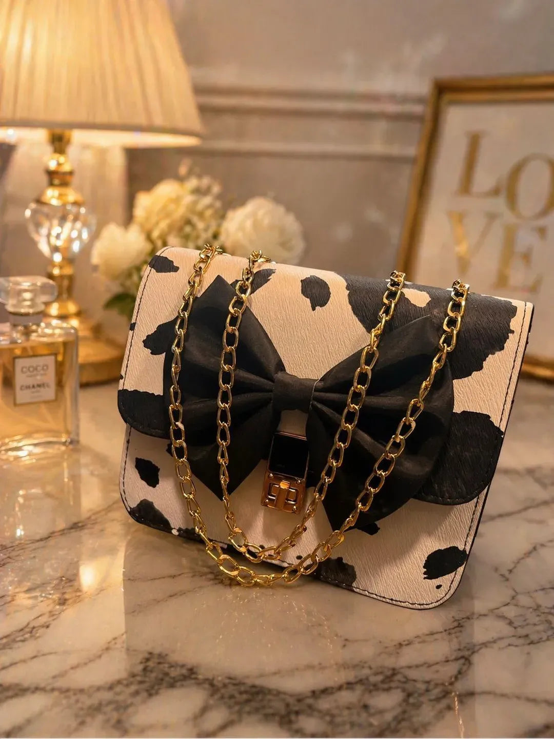 Beige Cowhide Chain Crossbody Bag for Girls