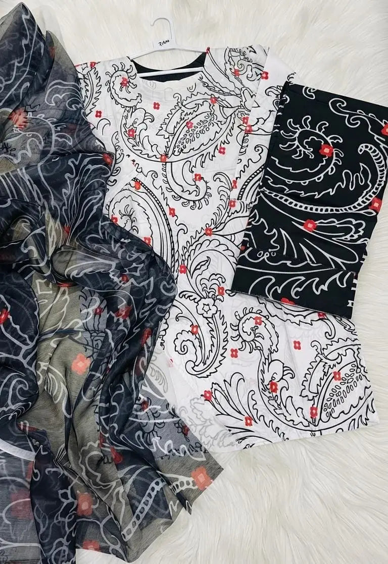 3 Pcs Women's Stitched Swiss Voile Printed Suit