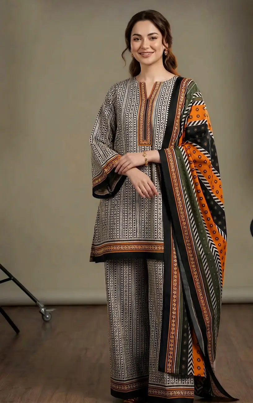 3 Pcs Women's Stitched Dobby Lawn Printed Suit
