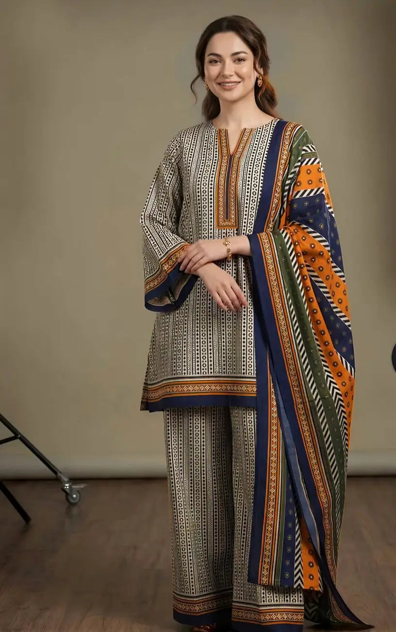 3 Pcs Women's Stitched Dobby Lawn Printed Suit