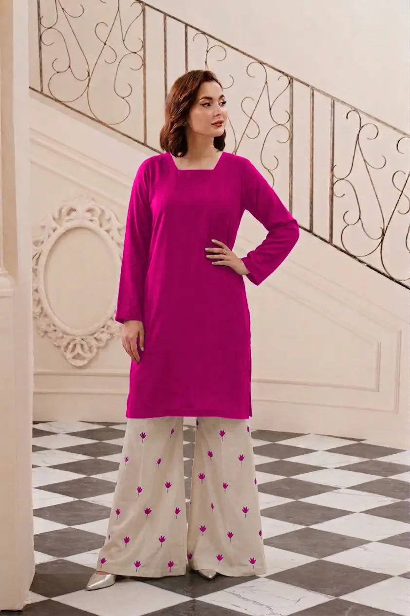 2 Pcs Women's Stitched Linen Embroidered Shirt And Trouser