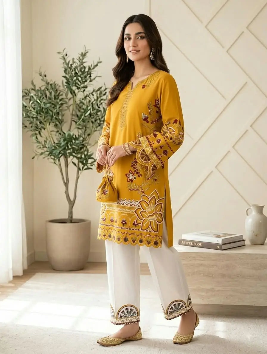 2 Pcs Women's Stitched Cotton Embroidered Shirt And Trouser