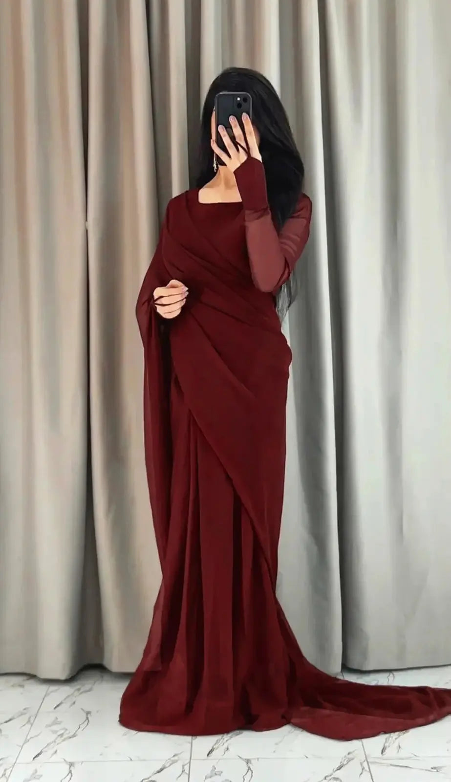 3 Pcs Women’s Chiffon Plain Stitched Saree