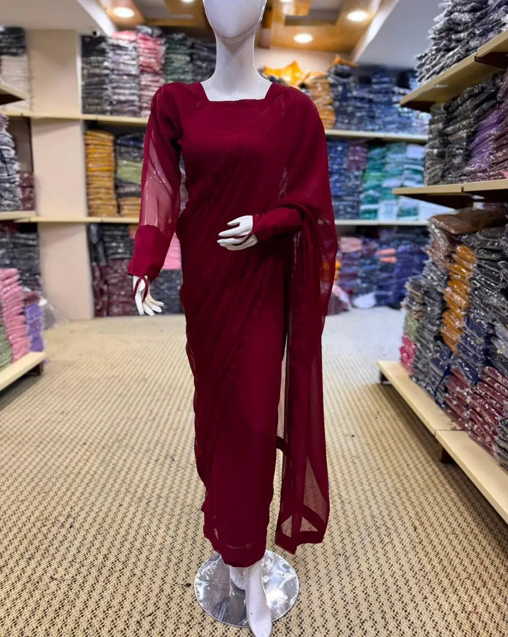 3 Pcs Women’s Chiffon Plain Stitched Saree