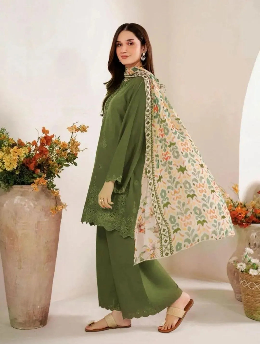 Green Chikankari 3-Piece Suit for Weddings Eid