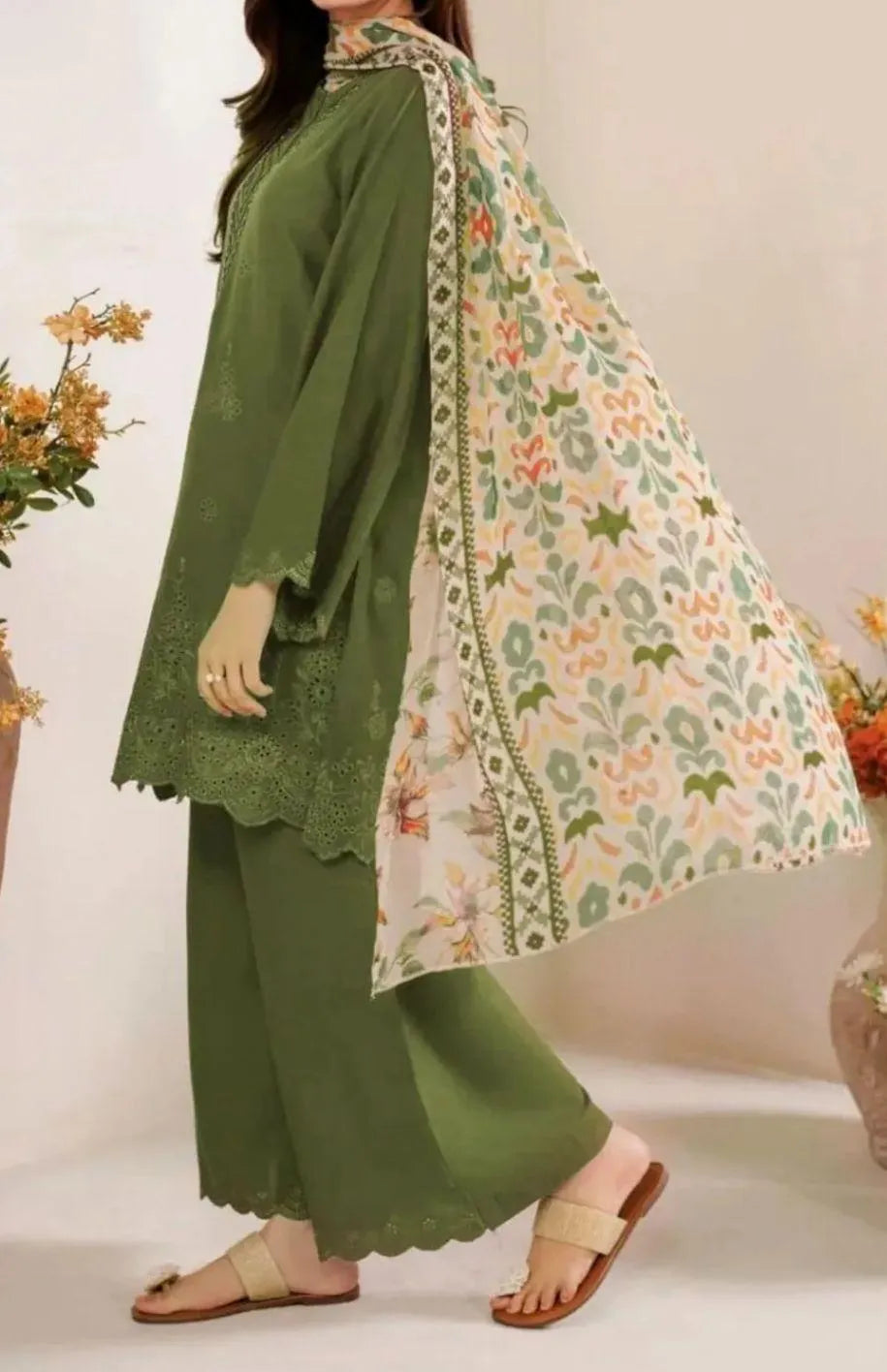 Green Chikankari 3-Piece Suit for Weddings Eid