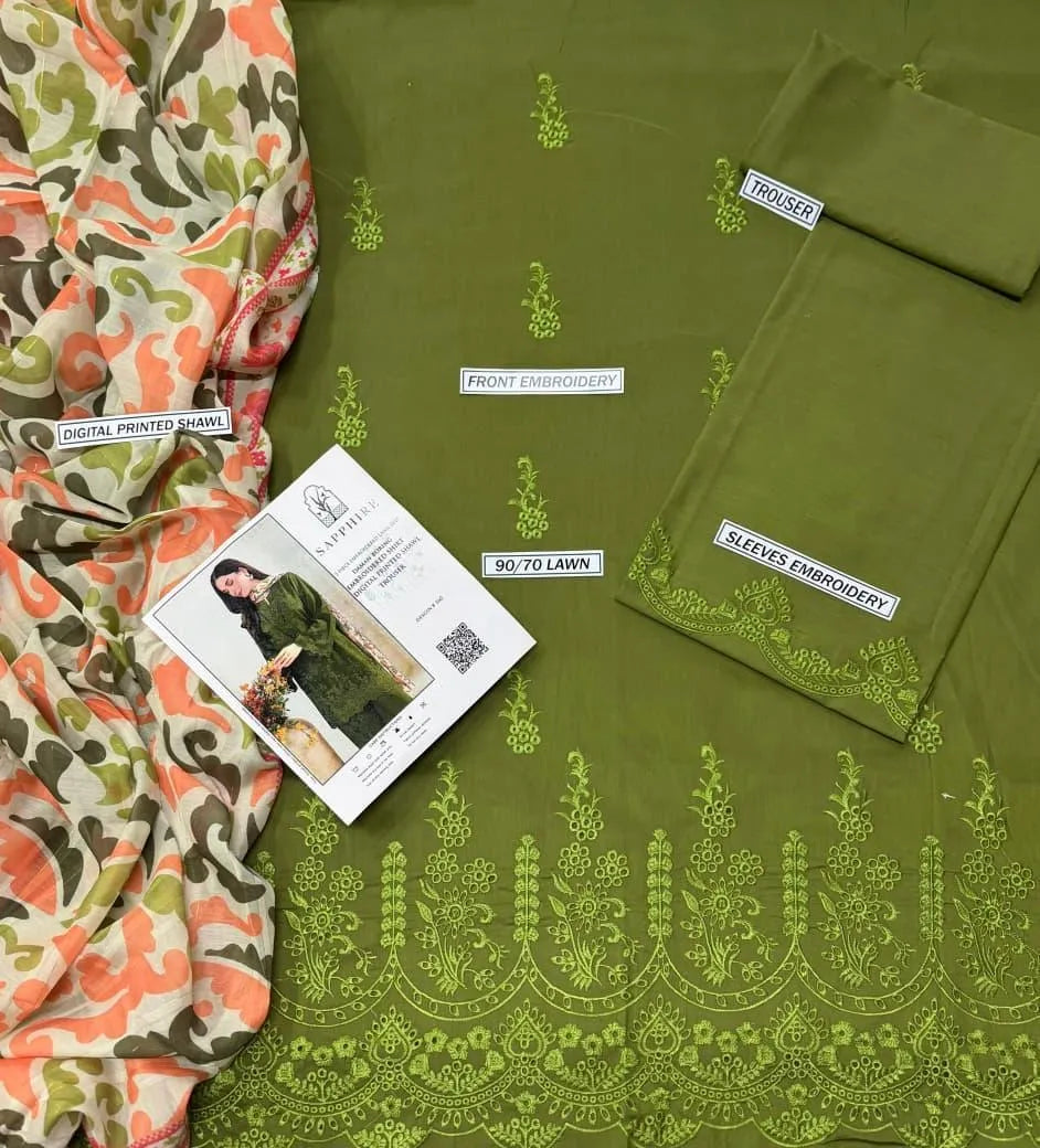 Green Chikankari 3-Piece Suit for Weddings Eid