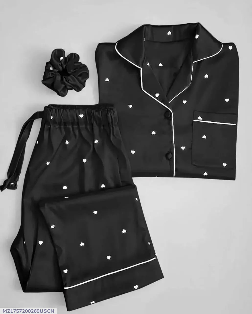 Heart Print Piping work on Shirt and Trouser Night Suit 3PCs (With scrunch)