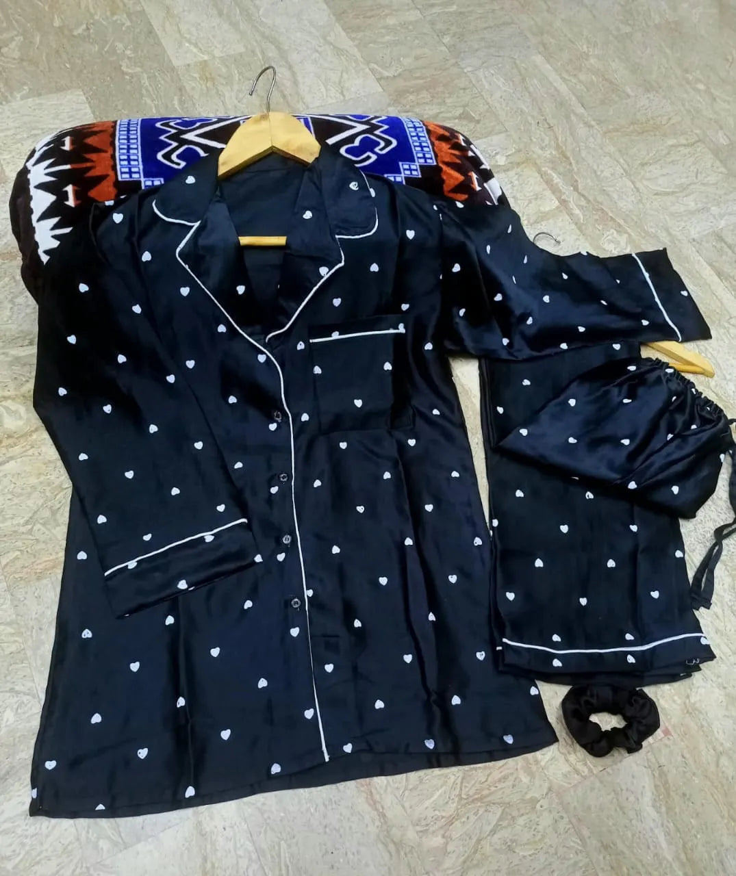 Heart Print Piping work on Shirt and Trouser Night Suit 3PCs (With scrunch)