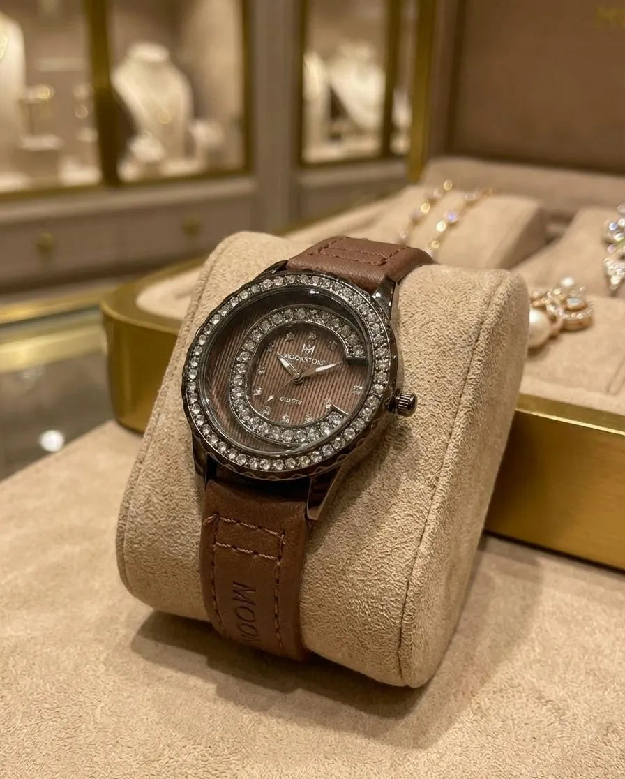 Women's Brown Leather Watch with Crystal Accents