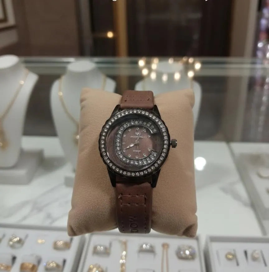 Women's Brown Leather Watch with Crystal Accents