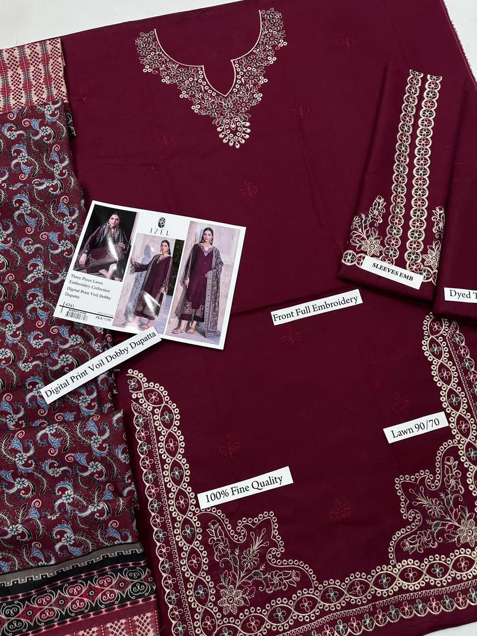 Maroon Embroidered 3-Piece Lawn Suit for Eid & Parties