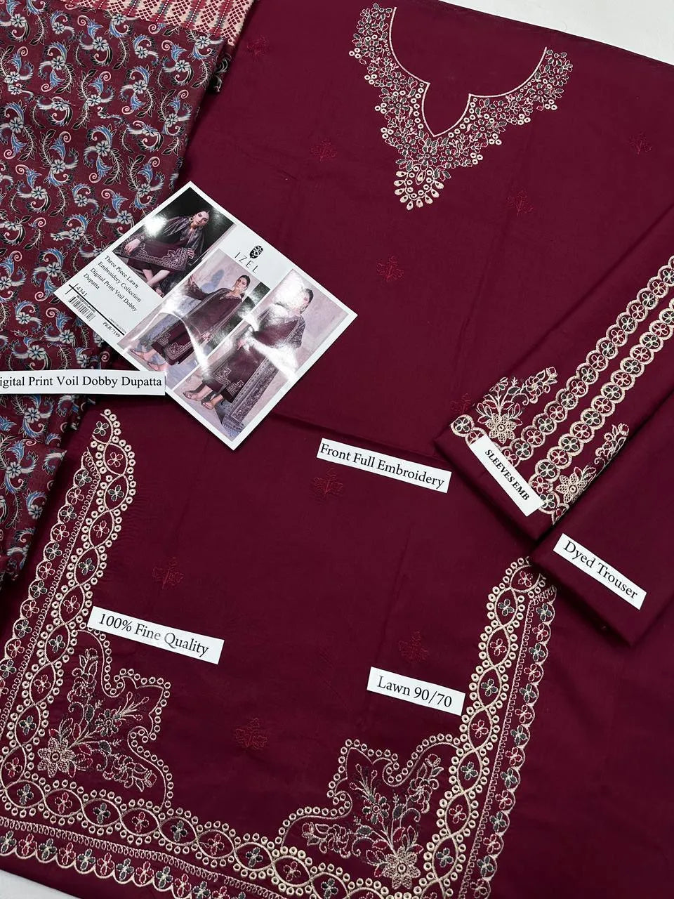 Maroon Embroidered 3-Piece Lawn Suit for Eid & Parties