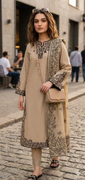 Eid 3-Piece Embroidered Lawn Suit Beige