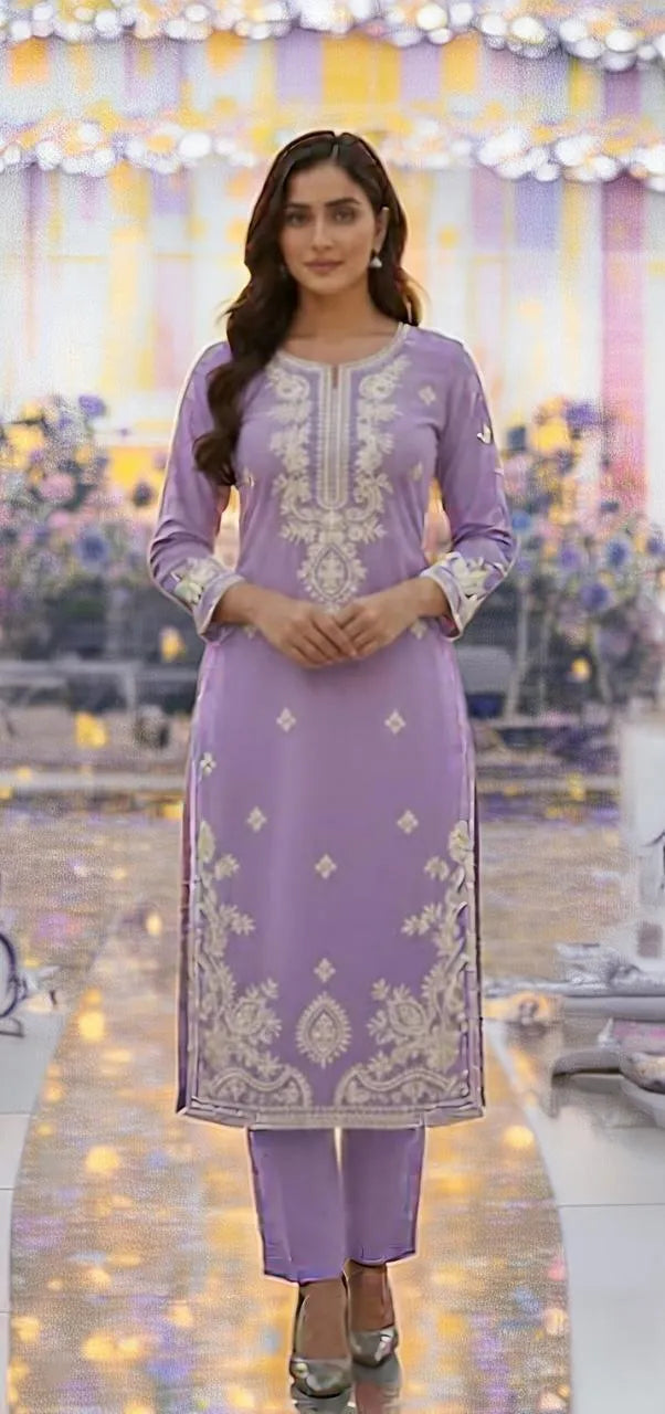 Purple Embroidered Lawn 2Pcs Kurta Set
