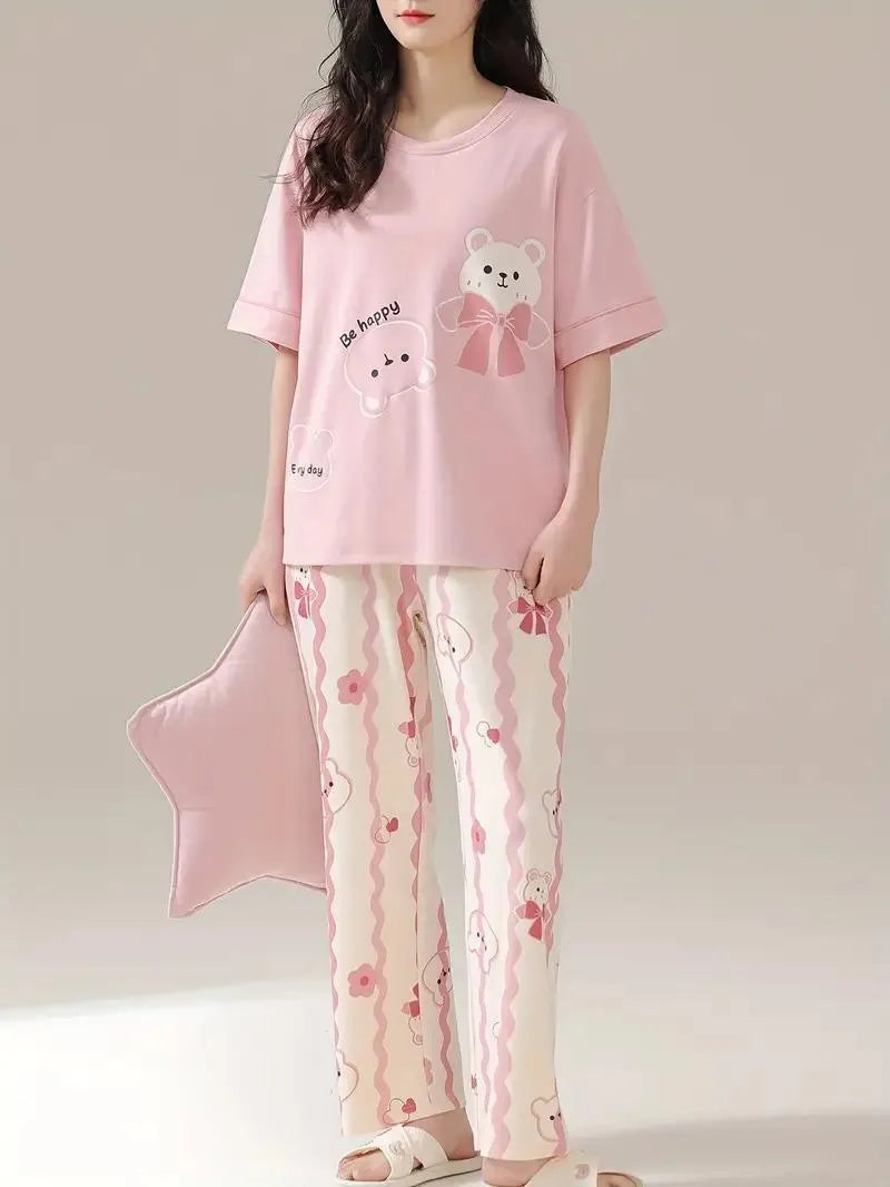 Women Printed Night Suit Pink Jersey Medium to XL