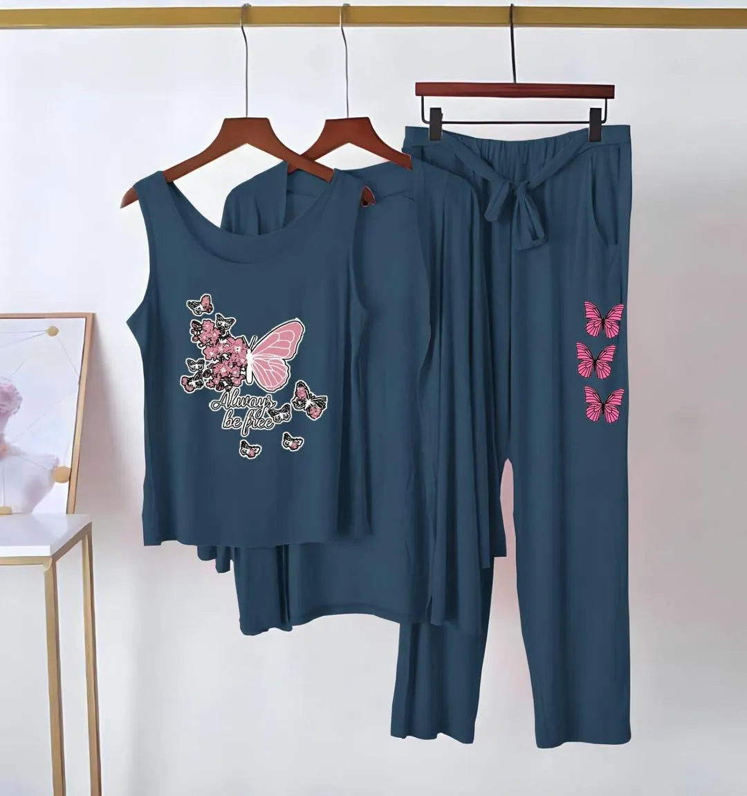 Blue Printed 3 Pcs Women's Jersey Night Suit