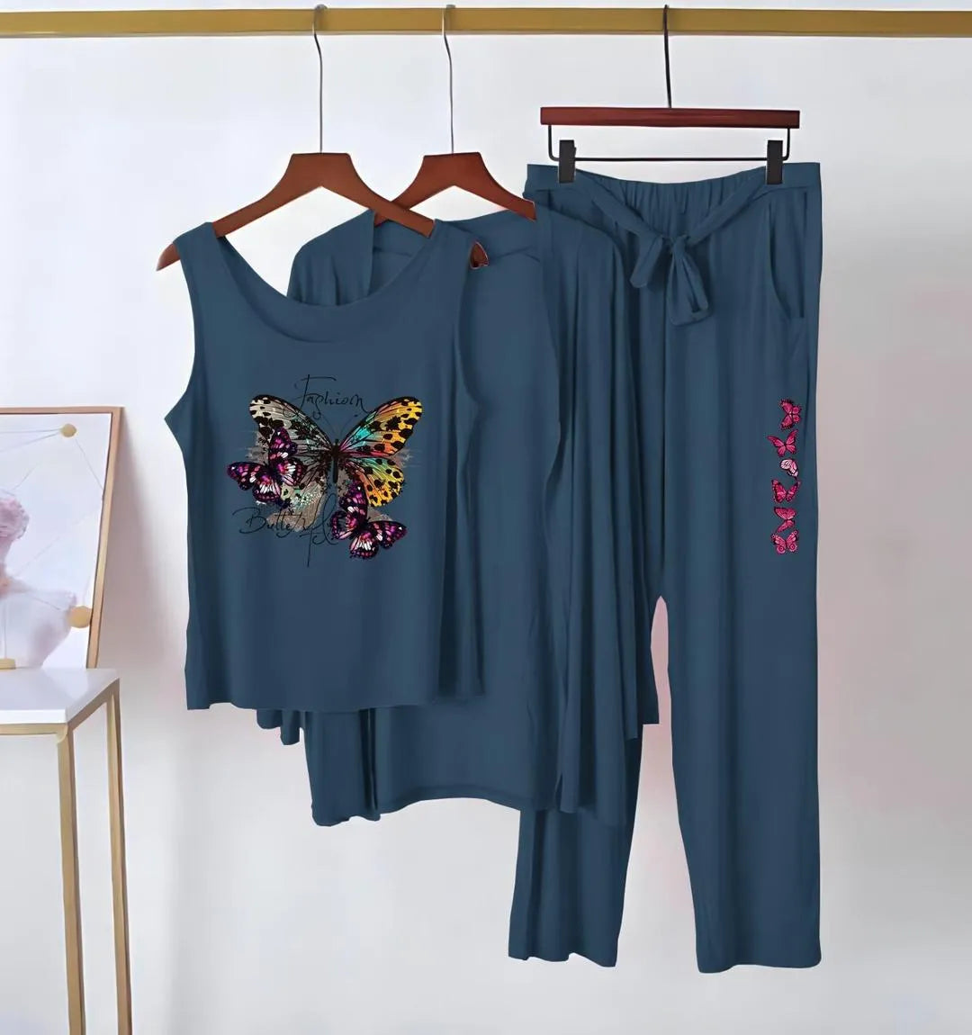 Blue Printed 3 Pcs Women's Jersey Night Suit
