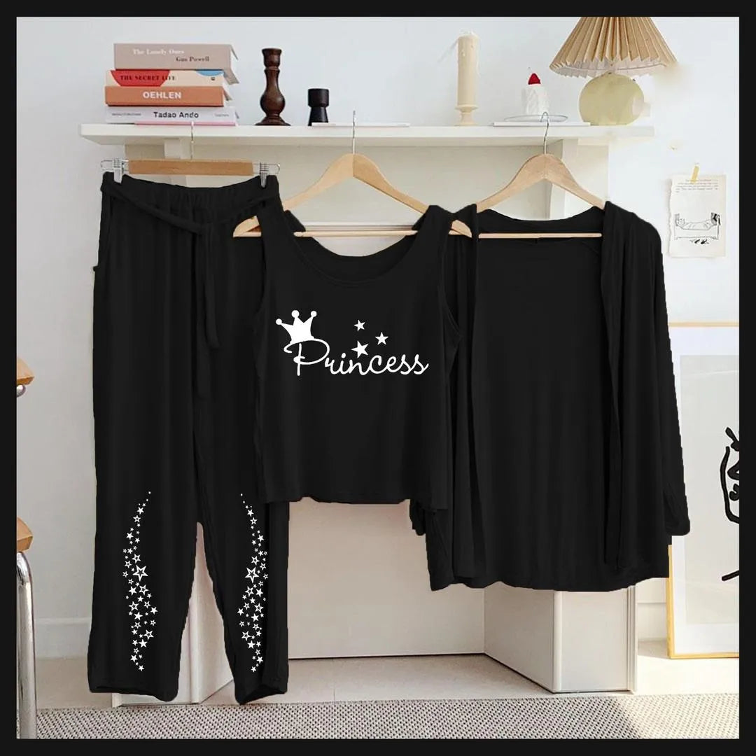 Black Princess Princess Night Suit 3Pc Jersey Set
