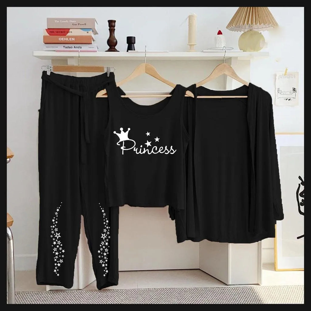 Black Princess Princess Night Suit 3Pc Jersey Set