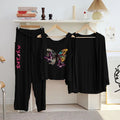 Black Butterfly Print 3-Piece Night Suit for Women