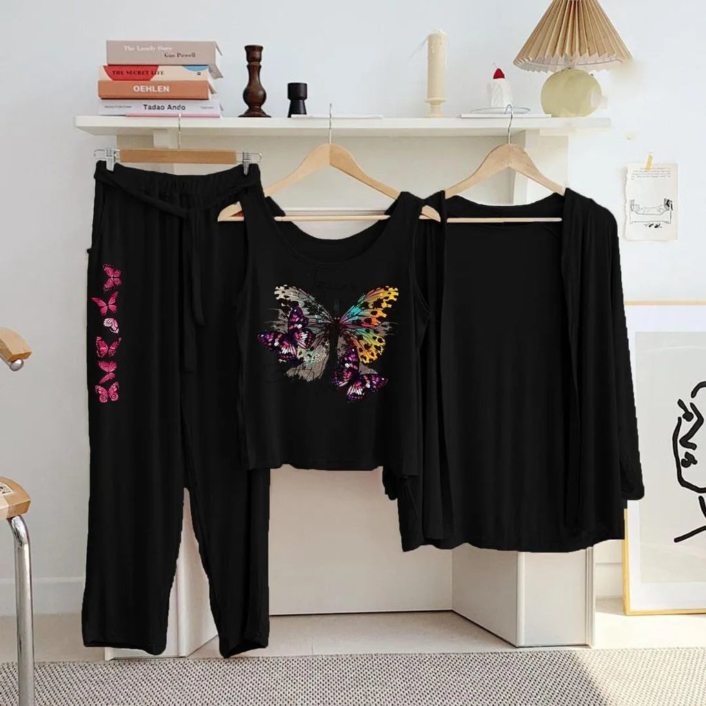 Black Butterfly Print 3-Piece Night Suit for Women