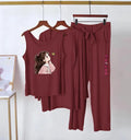 Maroon Printed 3 Pcs Women's Jersey Night Suit