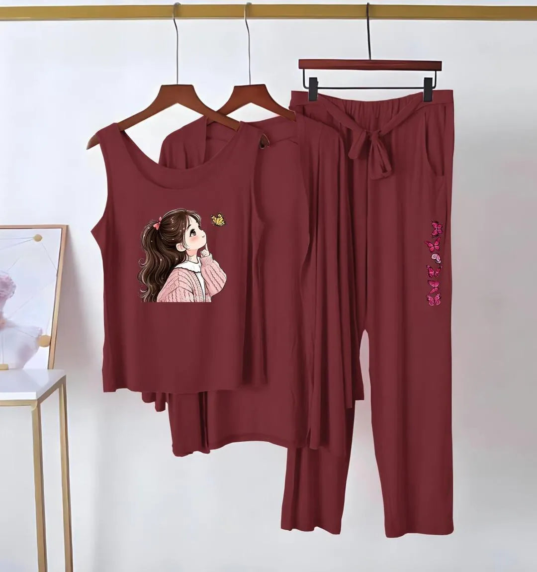 Maroon Printed 3 Pcs Women's Jersey Night Suit