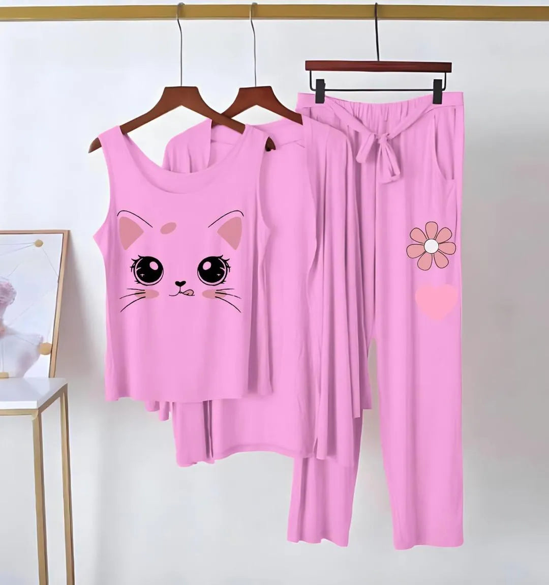 Pink Cat Print 3-Piece Night Suit for Women