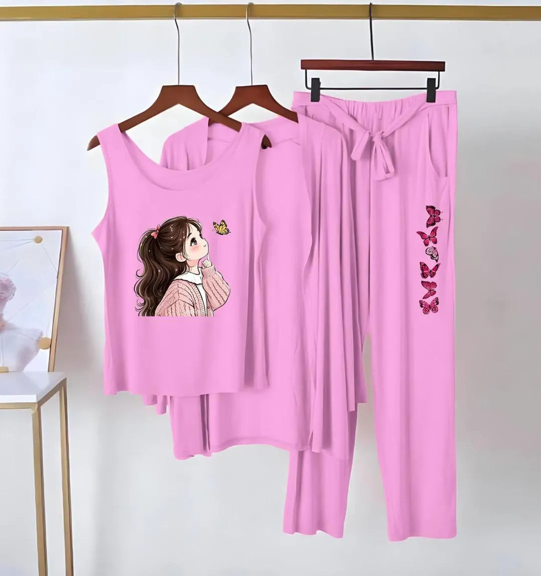 Women Printed Jersey Night Suit Pink 3Pcs Set