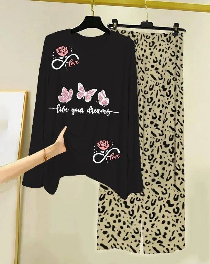 Women Printed Night Suit Black Cotton Jersey 2 Pcs Set