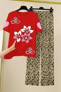 Red Printed Women's 2-Piece Night Suit Medium to XL