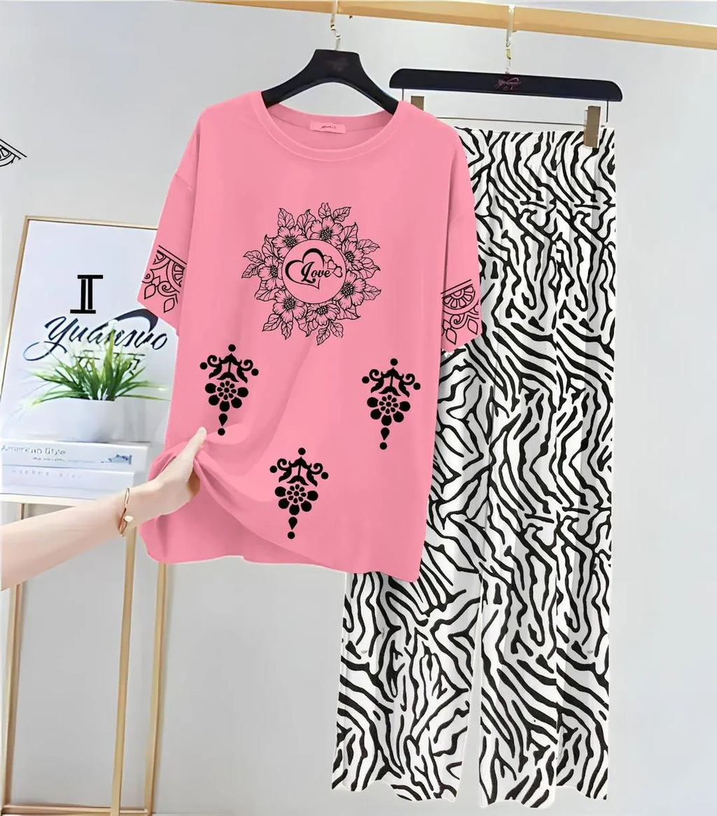 Pink Printed Women's 2-Piece Night Suit Medium to XL