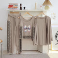 Beige Printed 3 Pcs Women Night Suit Jersey
