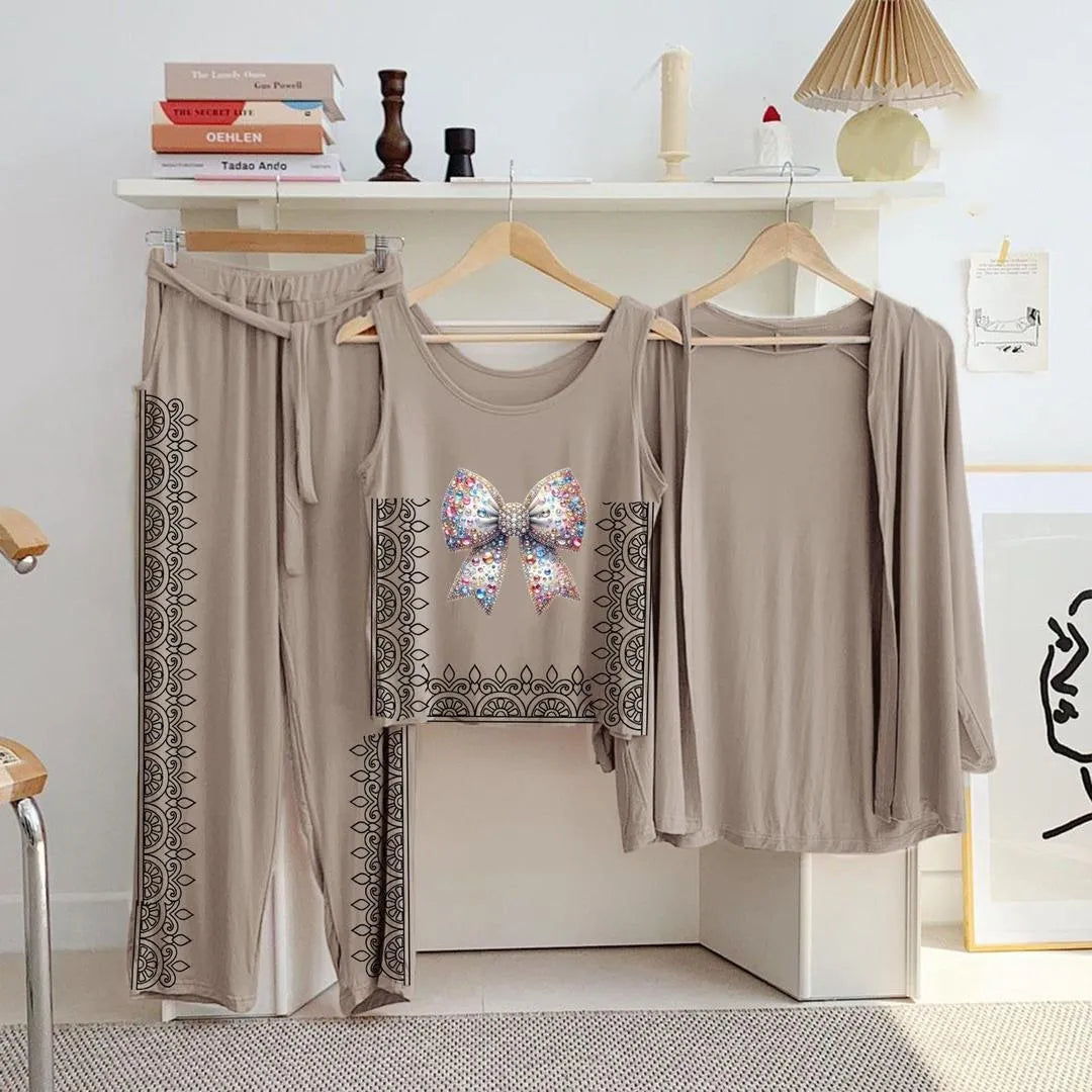 Beige Printed 3 Pcs Women Night Suit Jersey